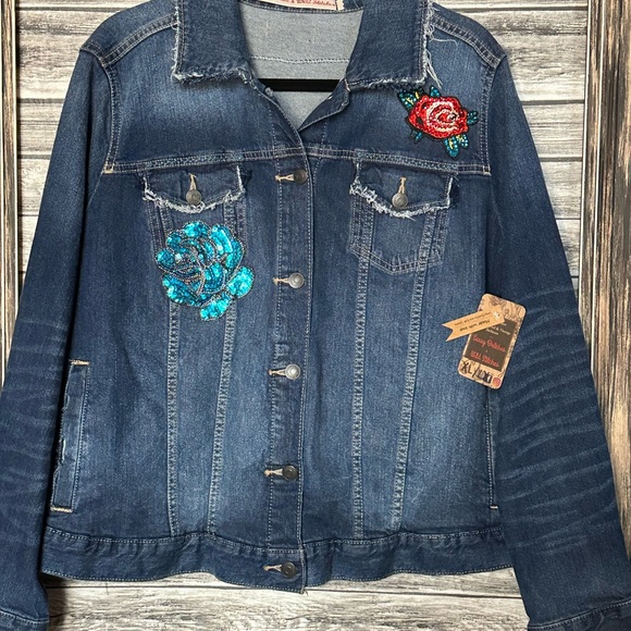 Recycled UpCycled Vintage Whiskey Denim Jacket Gypsy Hippie Bling Sequin XL 1X - Picture 2 of 5